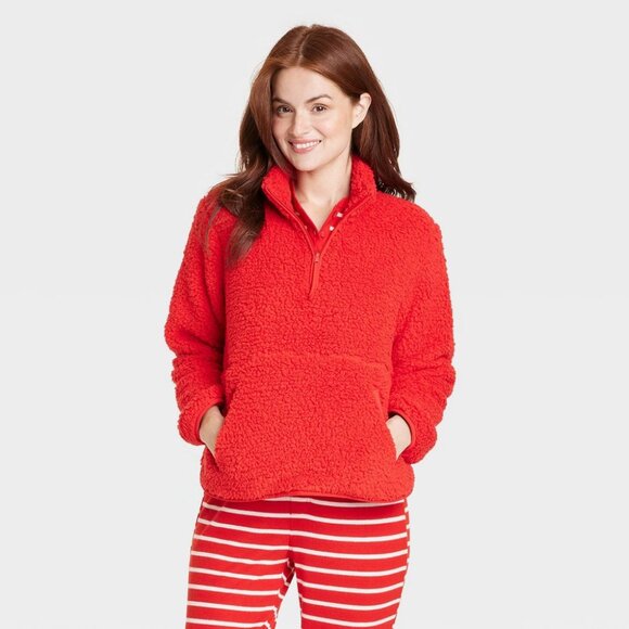 NEW! Women's Wondershop Faux Shearling Matching Family Half Zip Pullover, Red - Picture 1 of 14